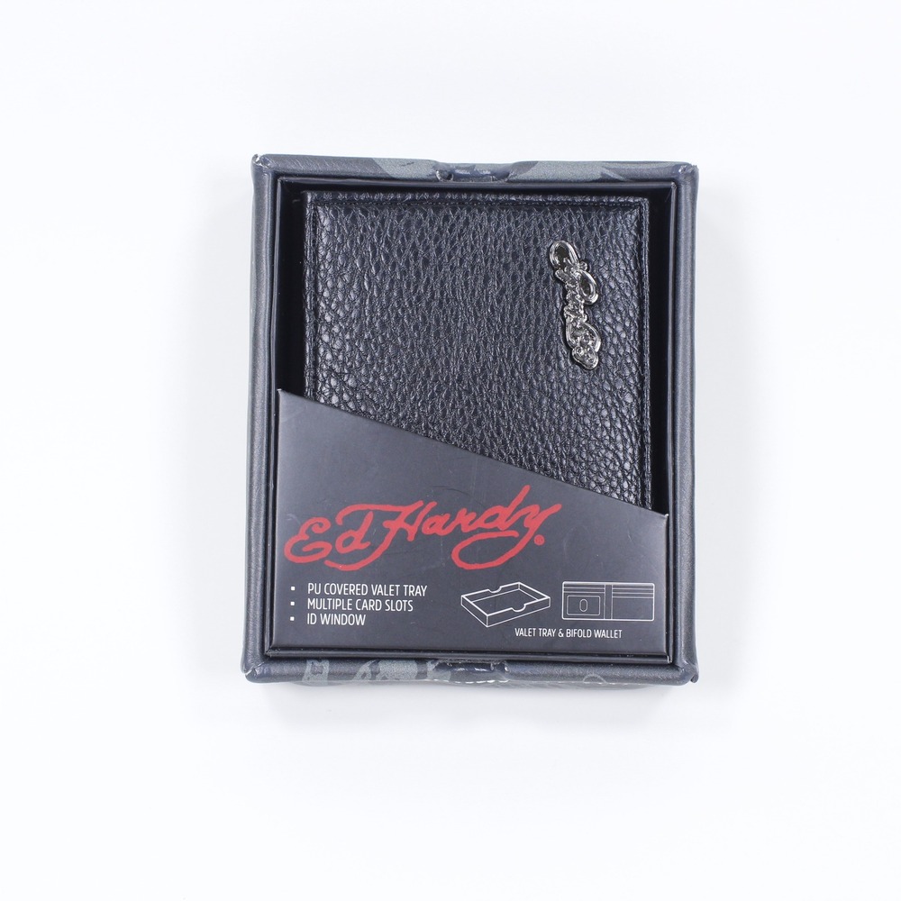 Ed Hardy Men's Black Bifold Wallet and Valet Tray Gift Set Love Kills Slowly NIB